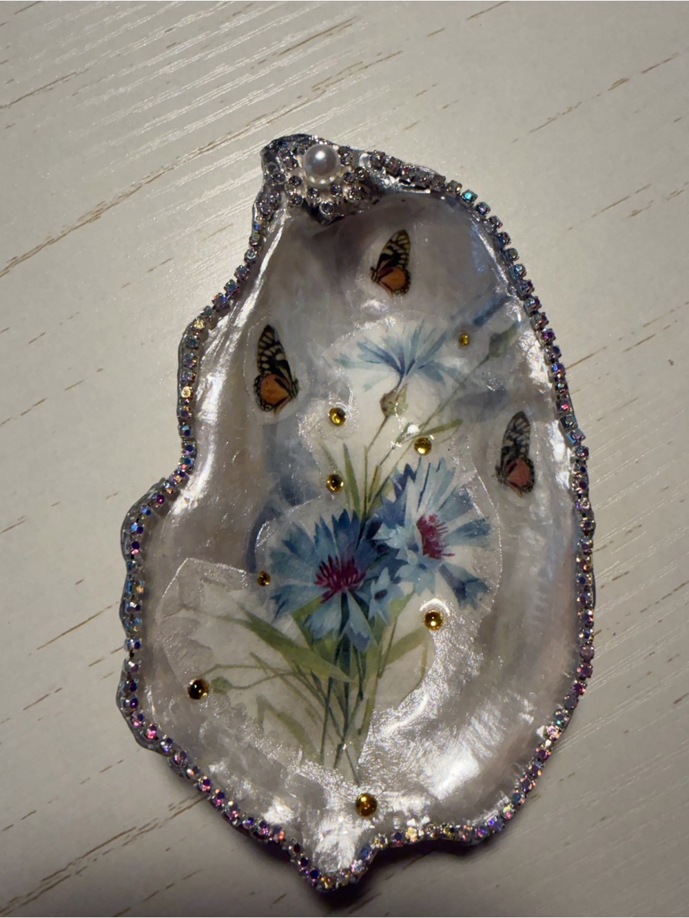 Handmade floral and butterflies decoupage Decorative Oyster Shell trinket dish